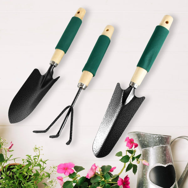 7593 Gardening Tools - Hand Cultivator, Trowel, Heavy Duty with Ergonomic Wooden Handle for Transplanting and Digging (3 Pcs Set)