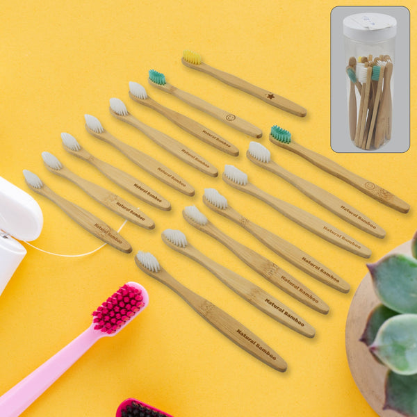 13084 Bamboo Wooden Toothbrush Soft Toothbrush Wooden Child Bamboo Biodegradable Toothbrush, Manual Toothbrush for Adult, Kids (15 pcs set / With Round Box)