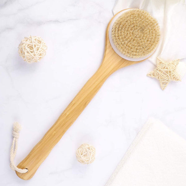 6700 Body Brush Dry Brushing Back Scrubber Shower Bath Brush Bamboo Long Handle Natural Bristles exfoliating Massage Improve Blood Circulation Cellulite DeoDap