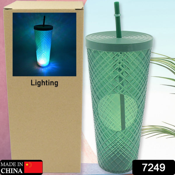 7249 Cup with Straw &  LED Lighting Reusable Matte Studded Tumbler with Leak Proof Lid Water Cup Travel Mug Coffee Ice Water Bottle Double Walled Insulated Tumbler BPA Free (1 Pc)