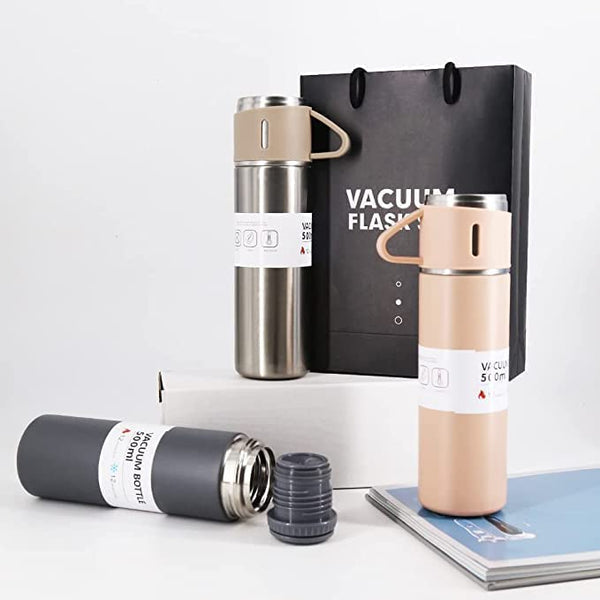 Cart2Add Stainless Steel Vacuum Flask Set with 3 Steel Cups Combo for Hot and Cold Drink Flask Bottle 500ml