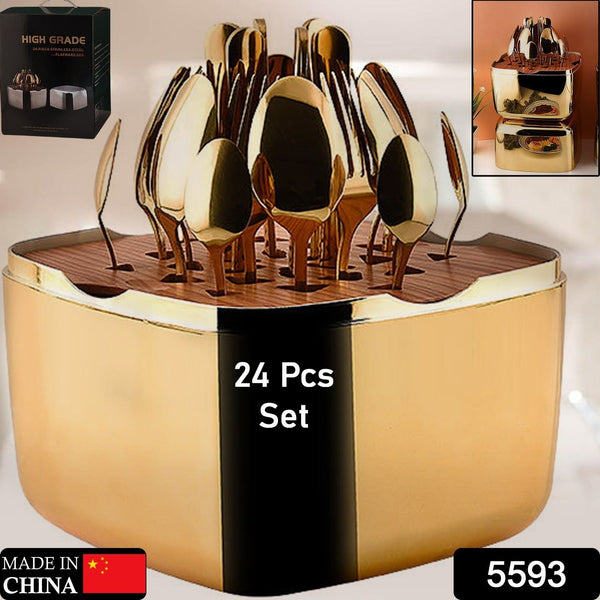 5593 Unique Golden Egg Storage Modern Tableware Steak Knives Fork Flatware Set Tableware Gold Cutlery Set Dishwasher Safe Mirror Finished With Gift Box for Halloween 24Pcs Set)