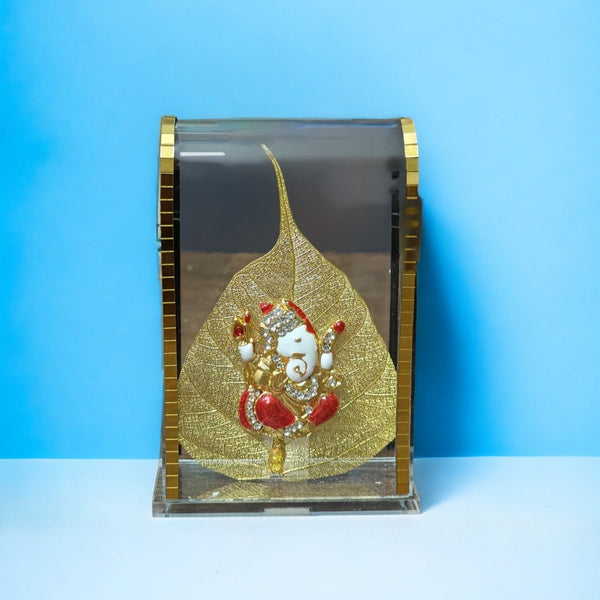 UK-0311 Car Dashboard Original pipal leaf with gold plated Idol Golden Lord Hindu Figurine Show peace Murti Idol Statue for office or home  (MIX GOD )