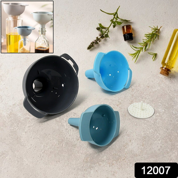 12007 3 in 1 Kitchen Funnel Set of 3, Funnel for Filling Bottle, Small Canning Funnel with Handle, Food Grade Plastic Funnel with Detachable Strainer Filter for Liquid, Dry Ingredients, and Powder