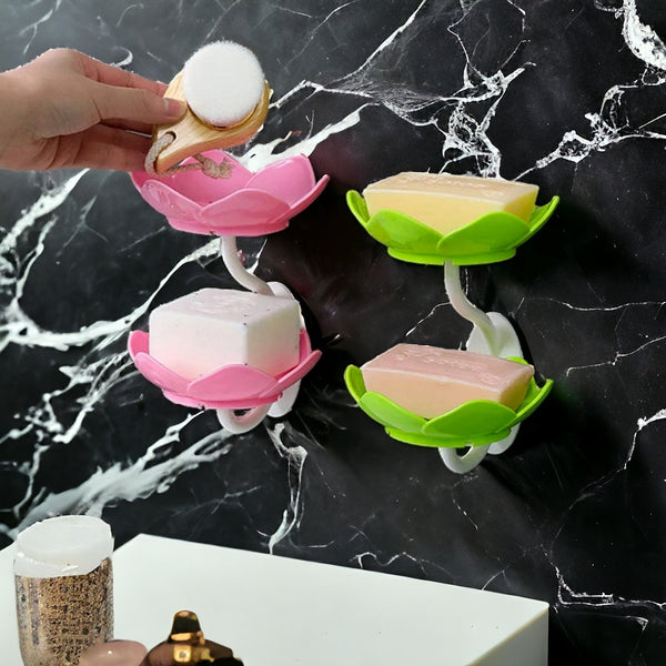 UK-0343  Wall- Mounted Drain Soap Box Double Layer Lotus Flower Shaped Soap Tray Removable Soap Dish Non- Slip Storage Self- Adhesive Bathroom Accessories (Pack of 2pc) (Multi-Color)