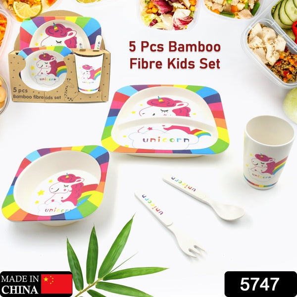 5747  Bamboo Fibre Kids 1 Bowl, 1 Spoon, 1 Fork, 1  Glass, 1 Plate Unicorn Design  for Kids and Toddlers, Childre Dinnerware Set - Feeding Set for Kids, Cartoon Design  Tableware Microwave & Dishwasher Safe (5 Pcs Set)